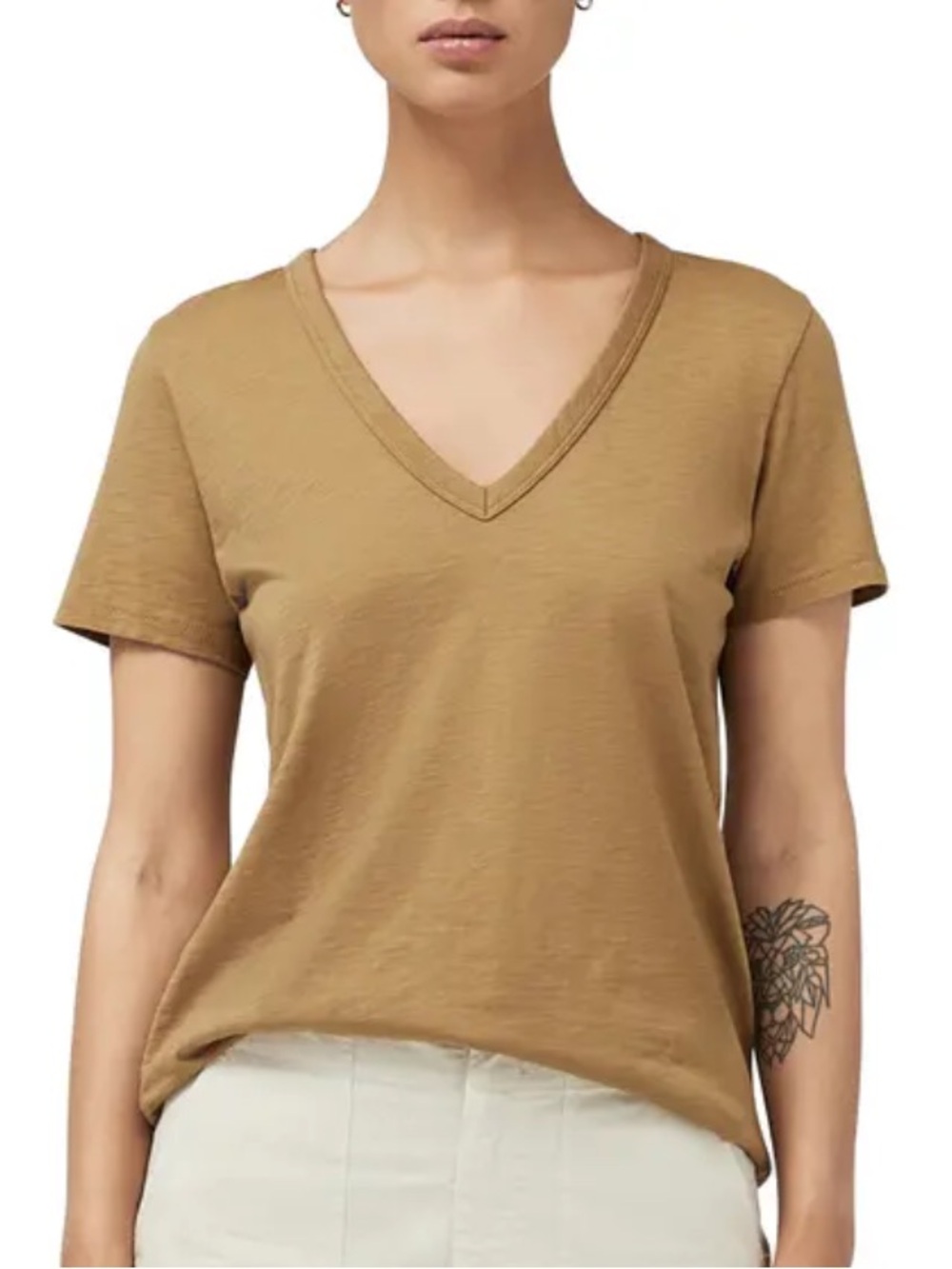 Beige V-Neck Short Sleeve Top - Women's